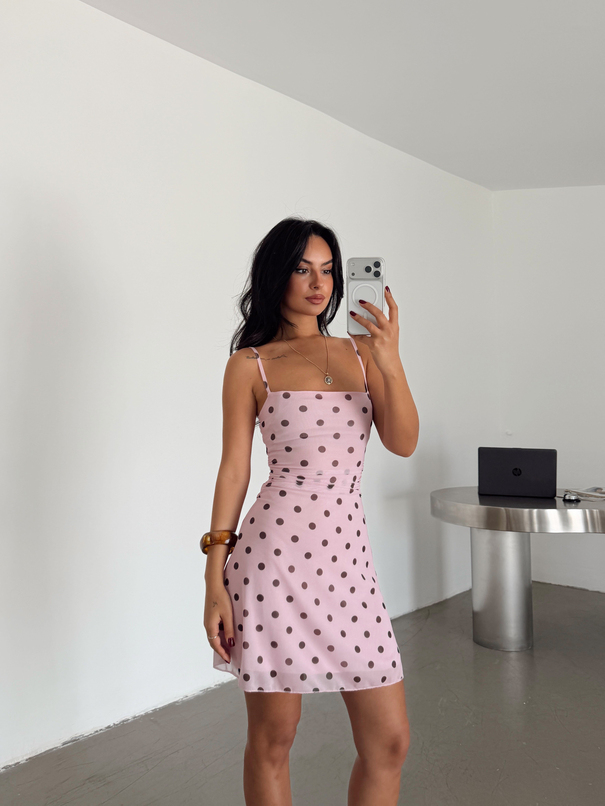 Drapeli Puantiye Mini Elbise - Pembe