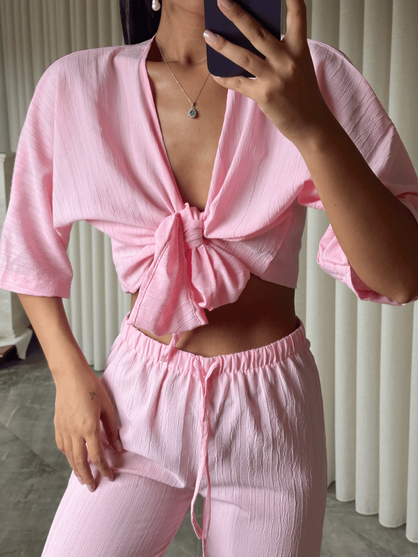 Üst Bağlamalı Pantolon Takım  - Pudra Pembe