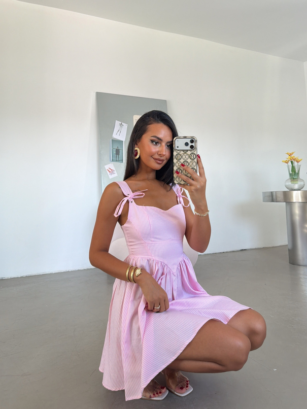 Çizgili Mini Elbise - Pembe