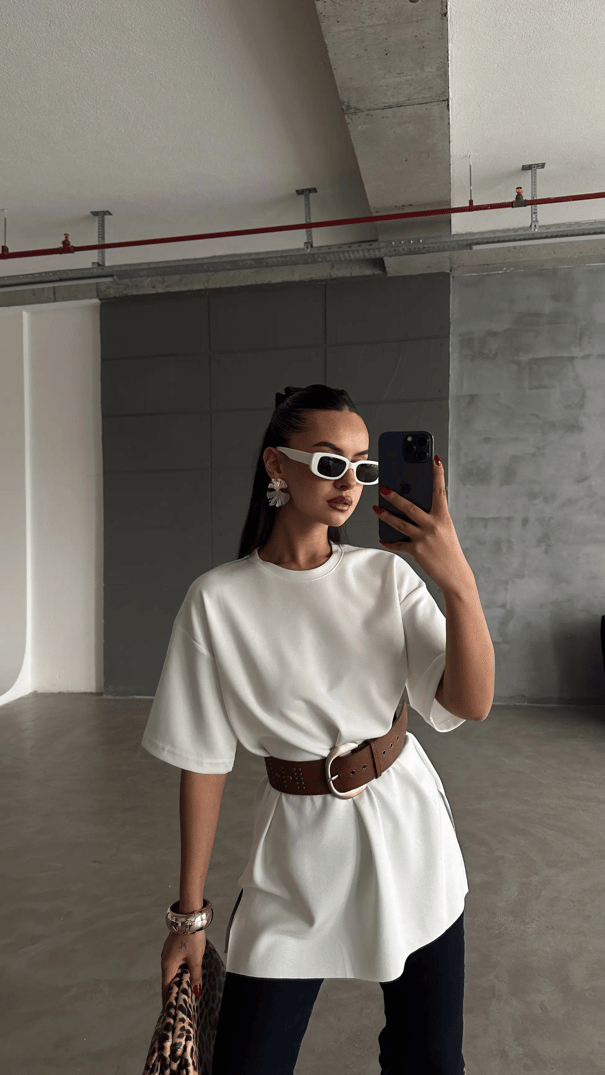 Yan Yırtmaç Oversize Basic - Ekru