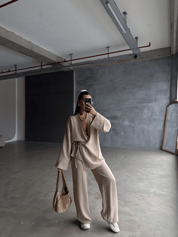 Belden Bağlamalı Keten Kimono Takım - Vizon
