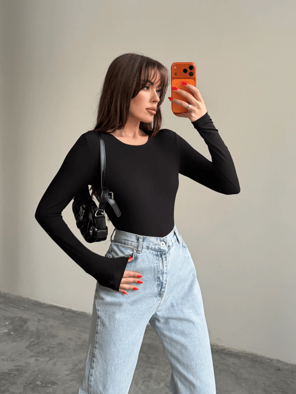 Bisiklet Yaka Bodysuit - Siyah