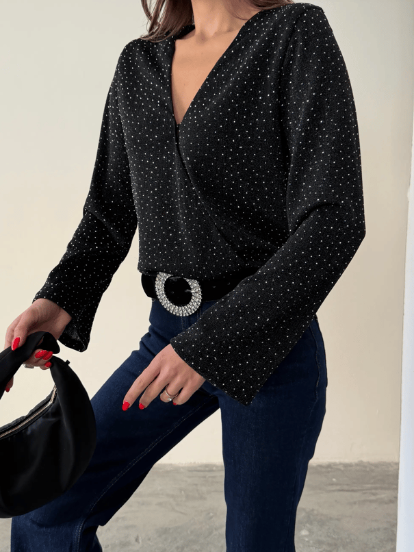 Taşlı Uzun Kol Bodysuit - Siyah