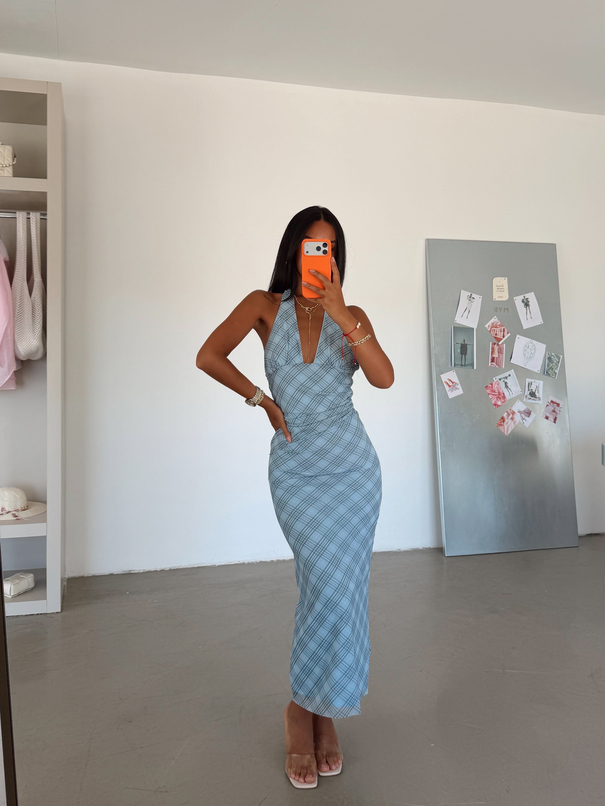 Drape Detaylı Boyundan Bağlamalı Elbise - Mavi