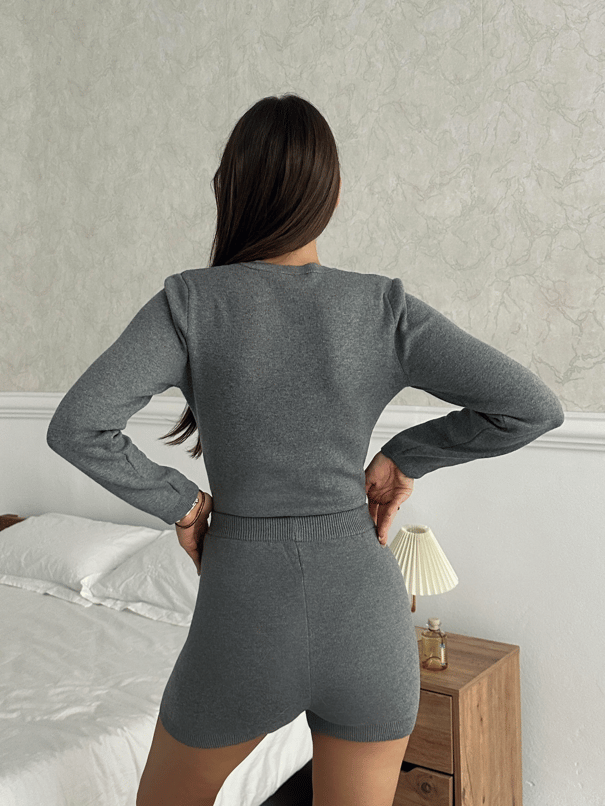 Bodysuit Şortlu Triko Takım - Antrasit