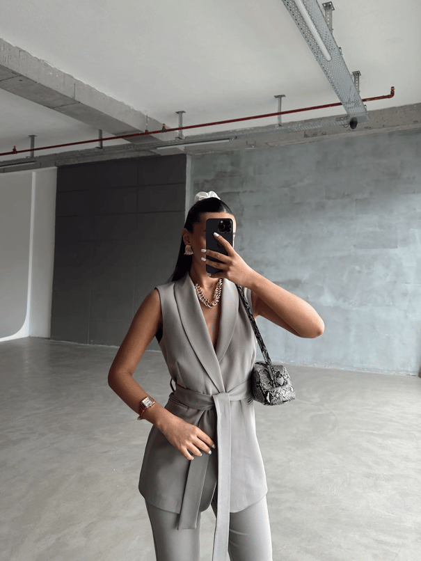 Bağlamalı Blazer Yelek  - Gri