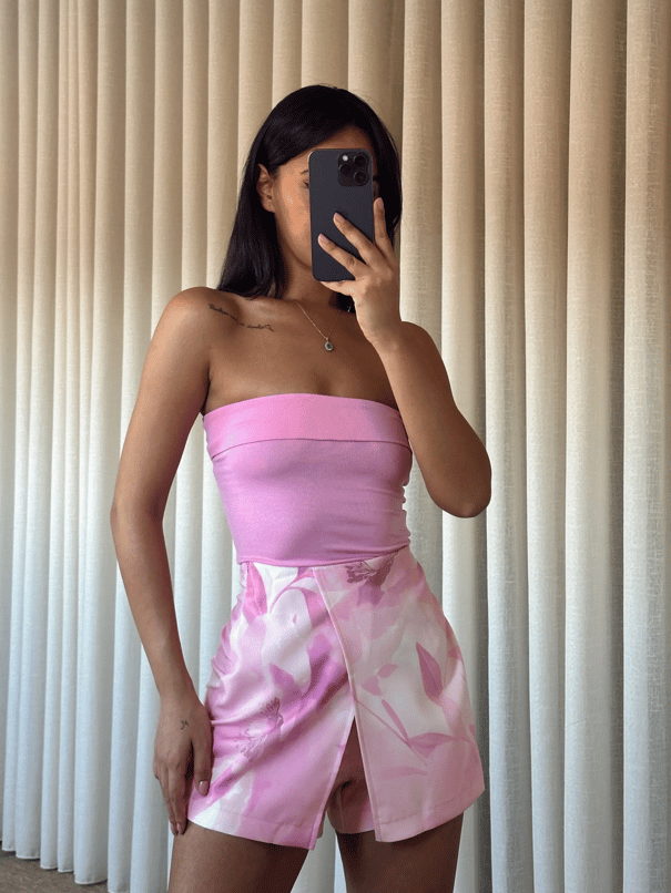 Çiçek Baskılı Mini Şort Etek - Pembe