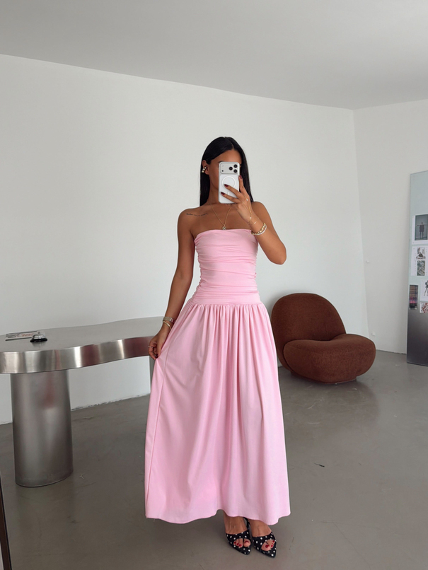 Guloplu Straplez Elbise - Pembe