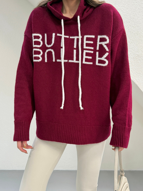 Kapüşonlu Butter Triko Kazak - Bordo