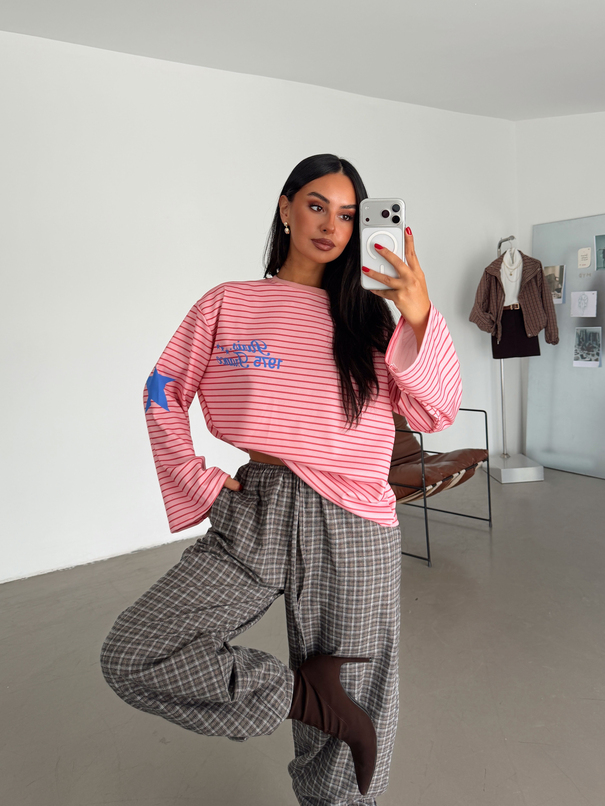 Paris Baskılı Çizgili Sweat - Pembe