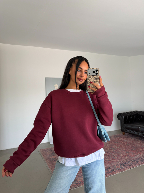 Düz Basic Sweatshırt - Bordo