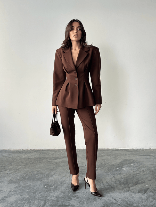 Pile Detay Oturtmalı Blazer Ceket  - Acı kahve
