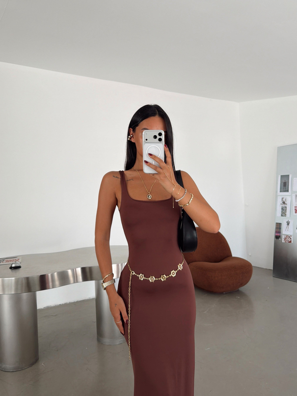 U Yaka Maxi Elbise - Kahve