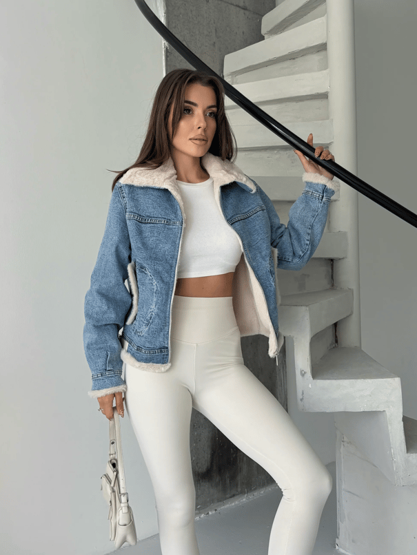 Yakası Peluş Denim Ceket - Mavi