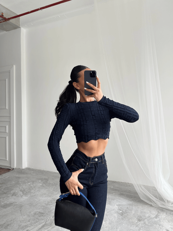 Labirent Desen Crop Triko Kazak Lacivert - Lacivert