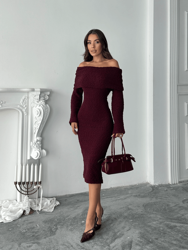 Madonna Yaka Buklet Elbise - Bordo