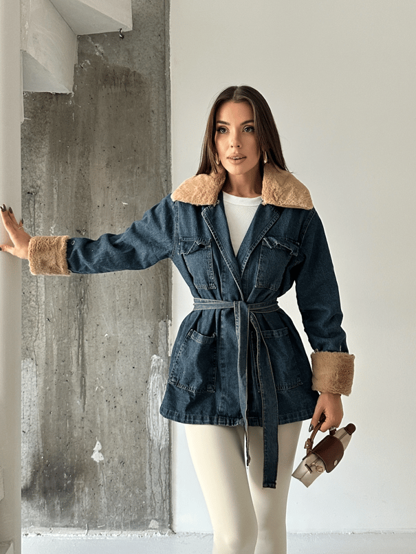 Yakası Kürklü Denim Ceket - Lacivert