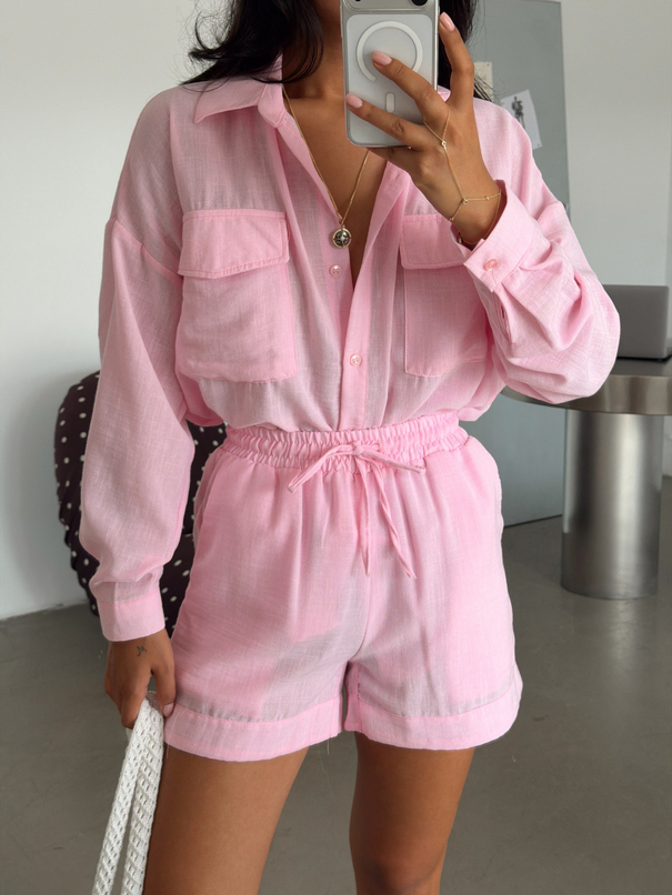 Oversize Şortlu Keten Takım - Pembe