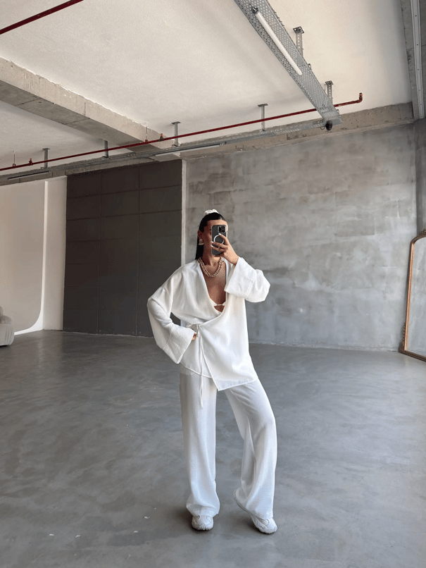 Belden Bağlamalı Keten Kimono Takım - Beyaz