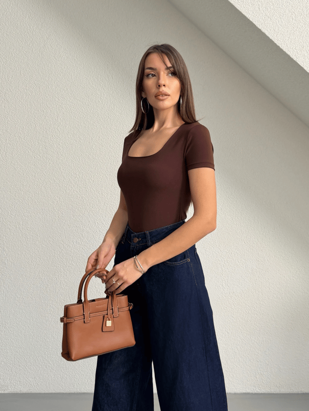Kare Yaka Kısa Kol Bodysuit - Kahve