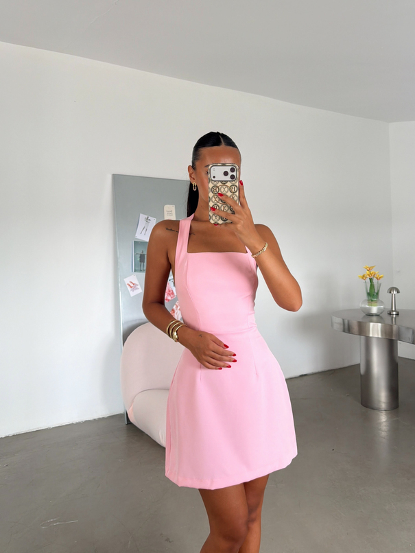 Kare Yaka Mini Dabıl Elbise - Pembe