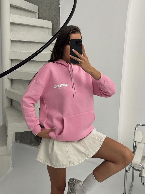 Baskılı Kapüşonlu Oversize Sweat - Pembe