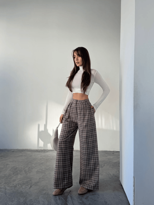 Ekose Üç Pile Palazzo Pantolon  - Kahve