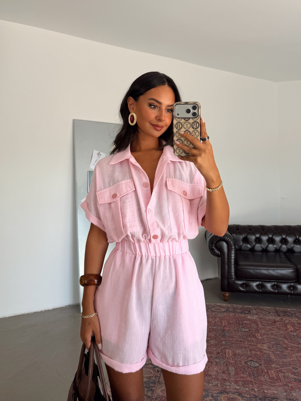 Beli Lastikli Mini Tulum - Pembe