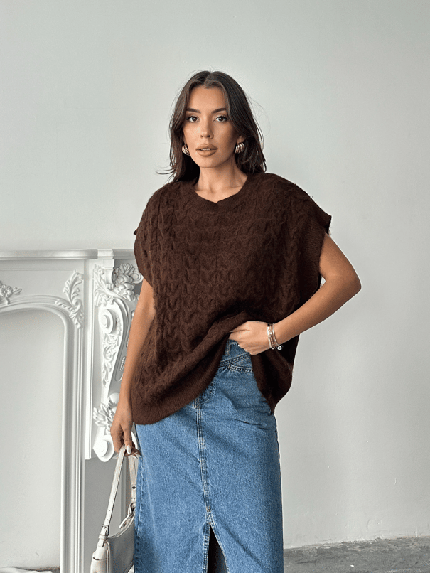 Saç Örgü Oversize Süveter - Kahve