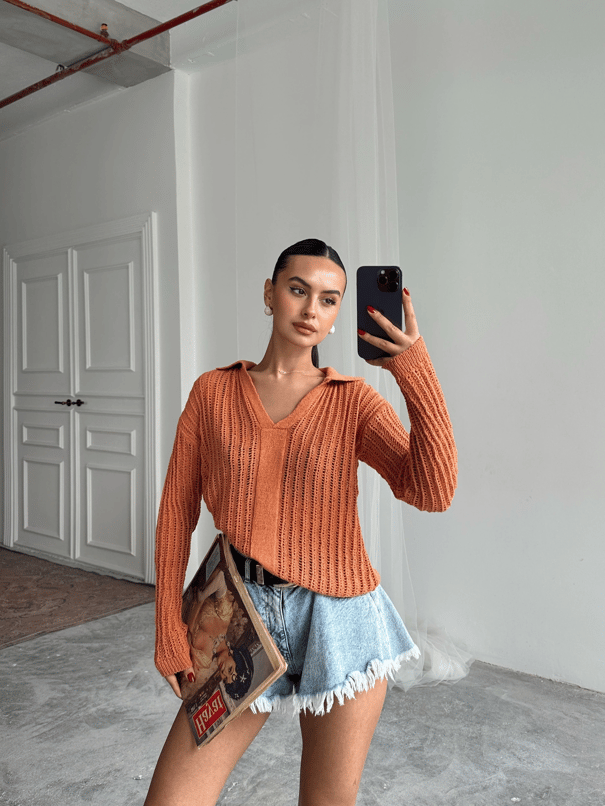 Sara Polo Yaka Ajur Triko Kiremit - Kiremit