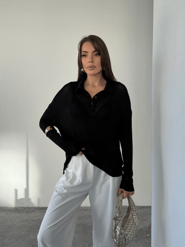 Polo Yaka Salaş Bluz - Siyah
