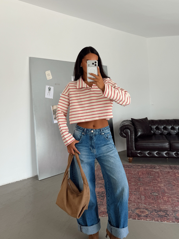 Polo Yaka Çizgili Crop Sweat - Kırmızı
