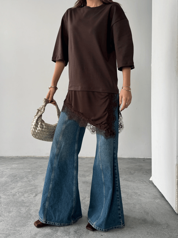Dantel Detaylı Oversize Basic - Kahve
