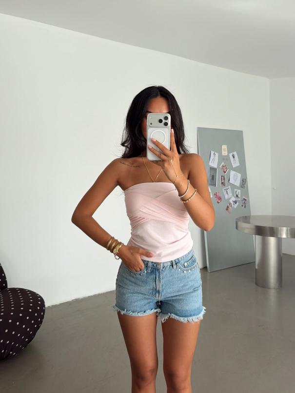 Bağlamalı Straplez Crop - Pudra Pembe