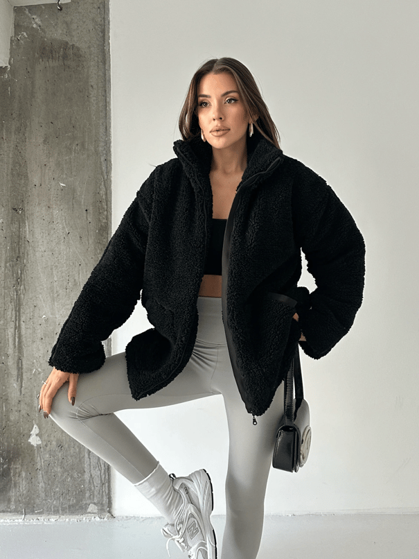 İç Astarlı Oversize Peluş Mont  - Siyah