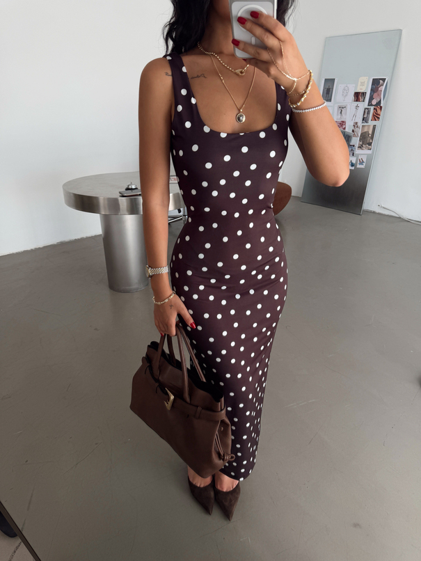Halter Yaka Puantiyeli Maxi Elbise - Kahve