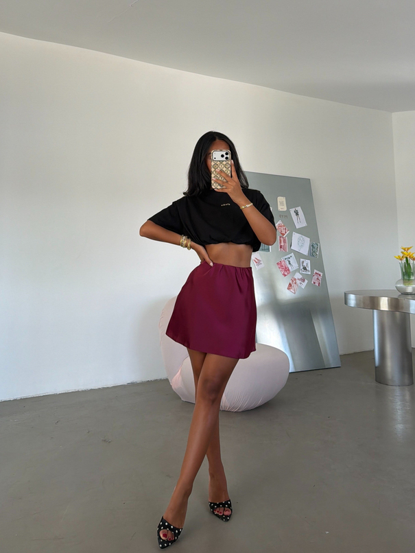 Saten Mini Etek - Bordo