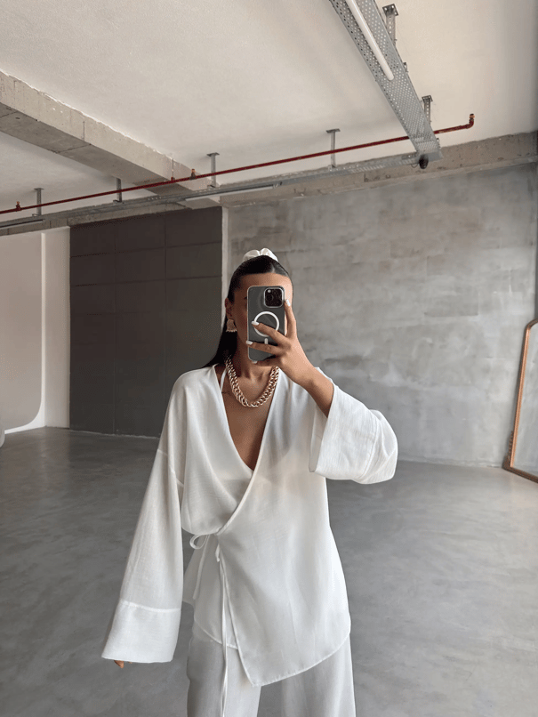 Belden Bağlamalı Keten Kimono Takım - Beyaz