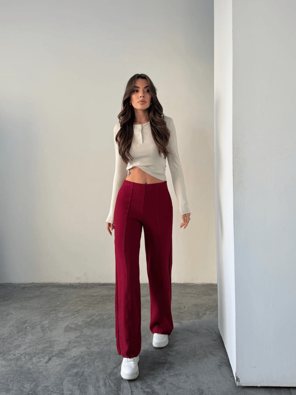 Çimalı Bel Lastik Selanik Pantolon - Bordo
