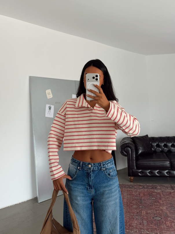 Polo Yaka Çizgili Crop Sweat - Kırmızı