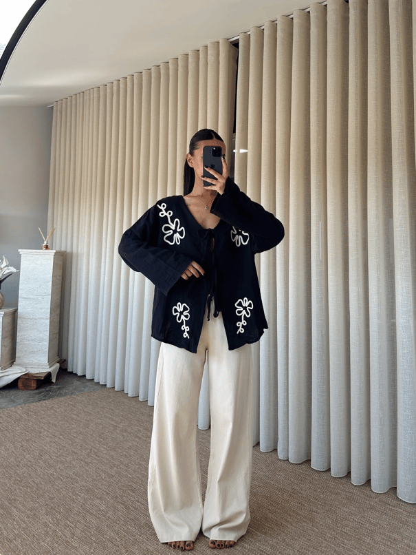 Nakışlı Kimono Takım  - Siyah