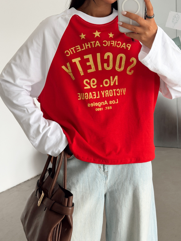 Society Baskılı Uzun Kol Basic Sweat - Kırmızı