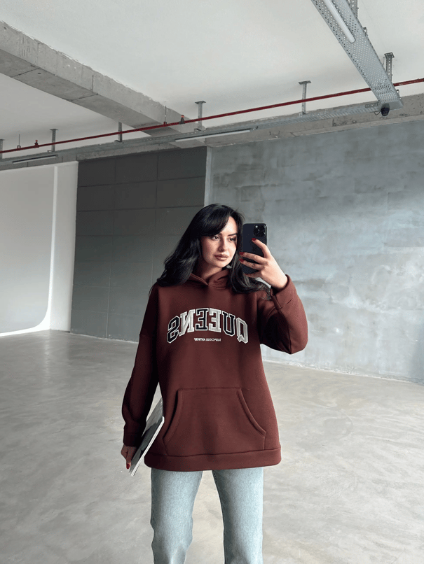Queens Üç İplik Kapüşonlu Oversize Sweat Kahverengi - Kahverengi