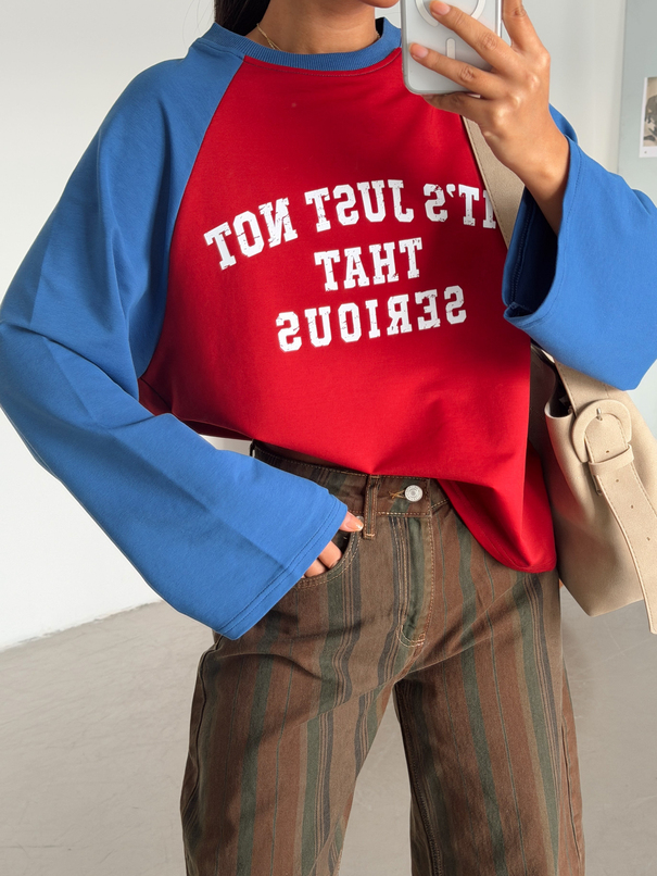 Baskılı Reglon Kol Sweatshırt - Bordo