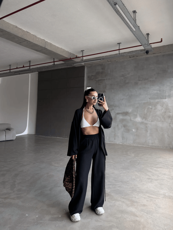 Belden Bağlamalı Keten Kimono Takım - Siyah