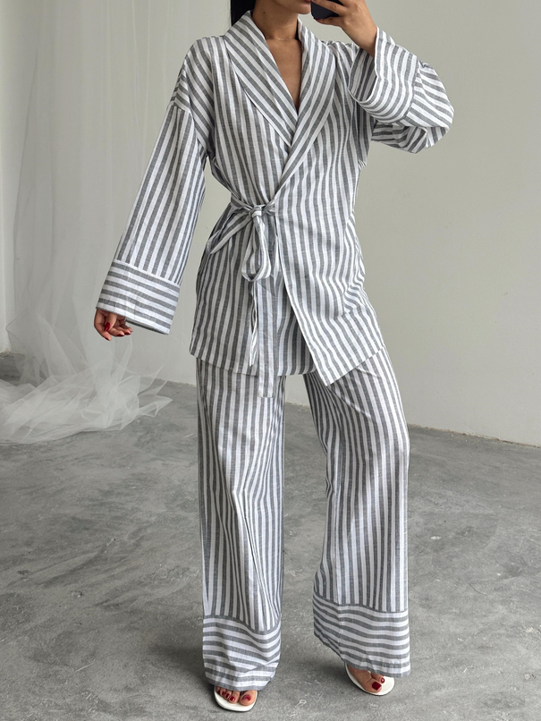 Çizgili Kimono Takım - Füme