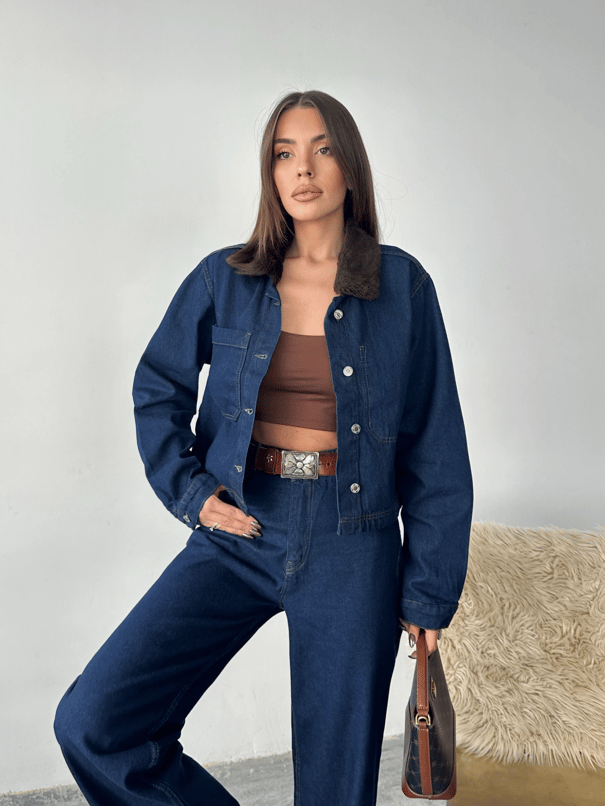 Yakası Kürklü Denim Takım - Mavi