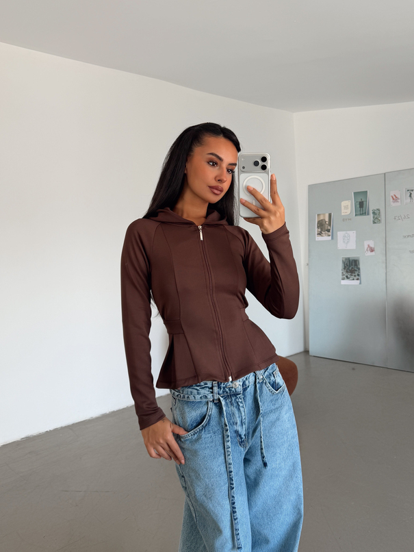 Beli Pileli Fermuarlı Sweat - Kahve