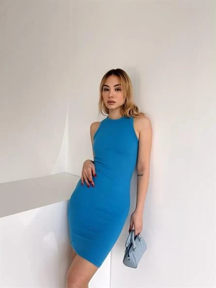 Halter Yaka Fitilli Elbise Mavi - Mavi