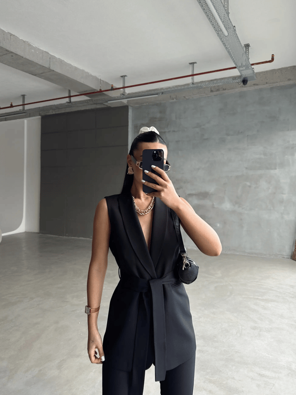 Bağlamalı Blazer Yelek  - Siyah